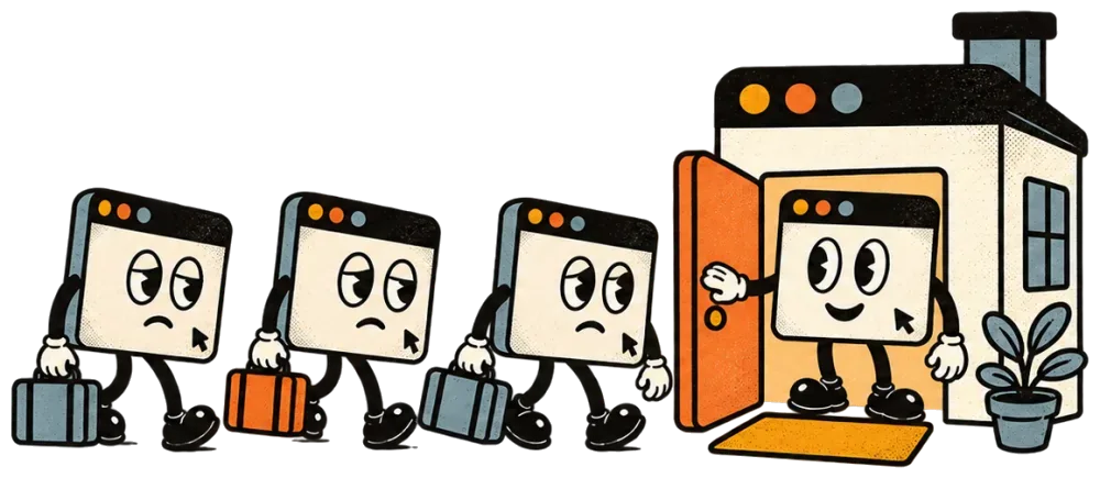 Tired apps with suitcases walk to a small new house. A happy app holds the door open.
